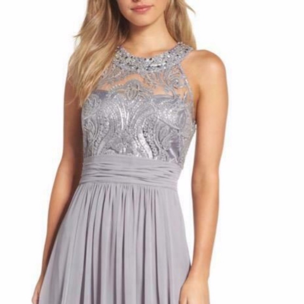 Eliza J Metallic Lace Bodice Chiffon Midi Dress